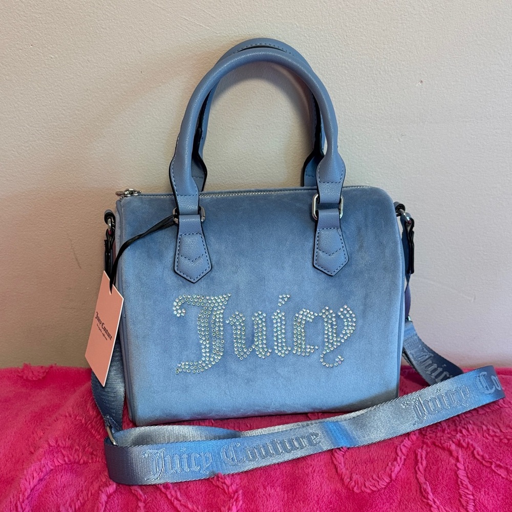 Juicy Couture Blue Velvet Bowler Bag Purse with Embellished Logo